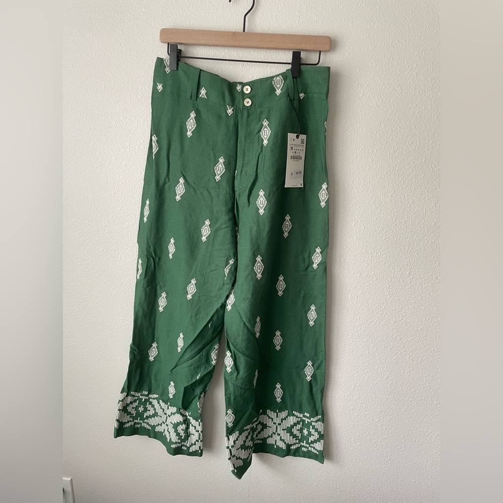 Green Linen Embroidered Pants